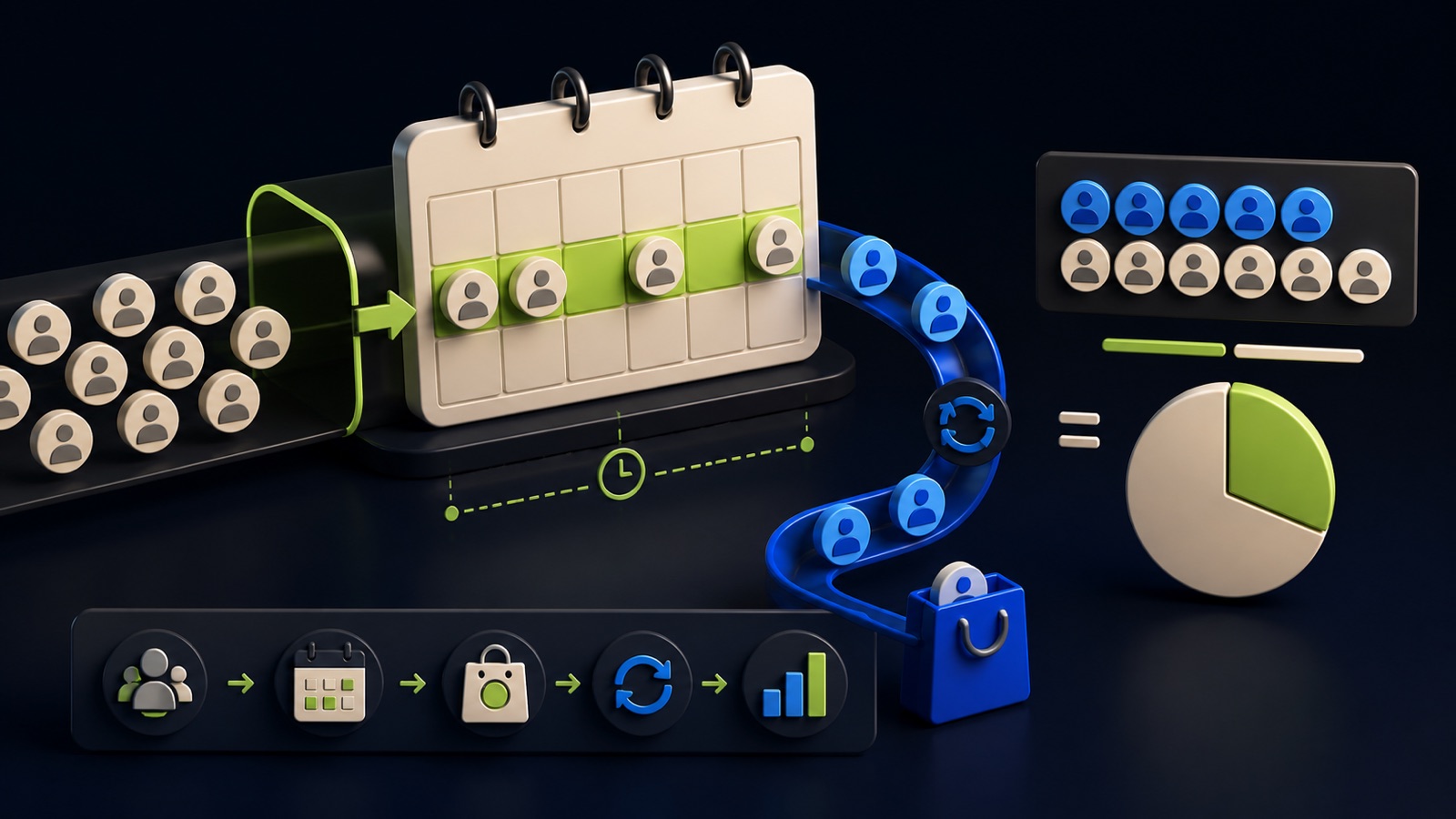 Customer tokens enter a calendar window and some loop through a second purchase before forming a repeat-rate fraction
