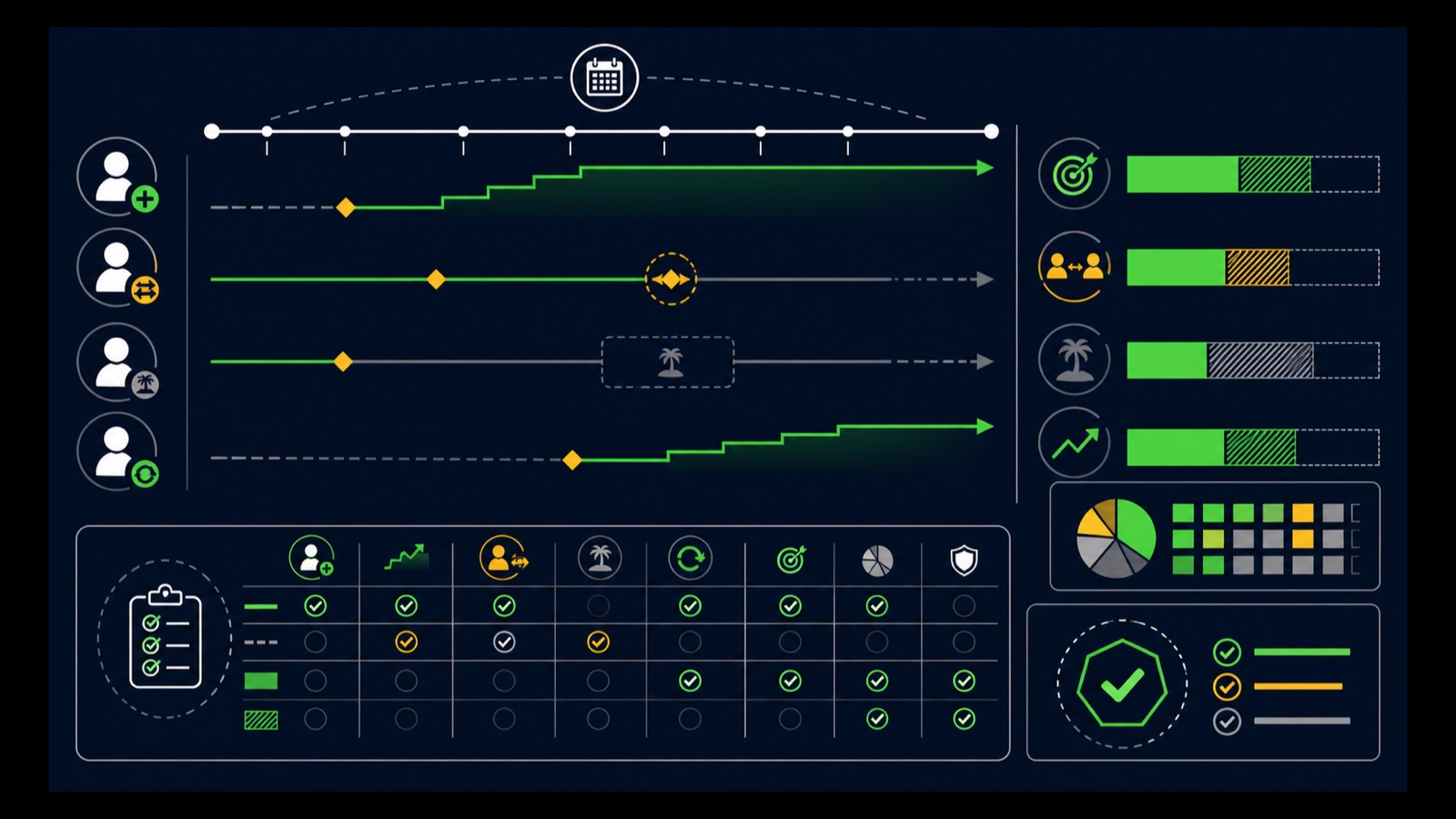 Effective-dated timelines show new-hire ramp, role transfer, leave, return, proportional quota bars, and an audit matrix