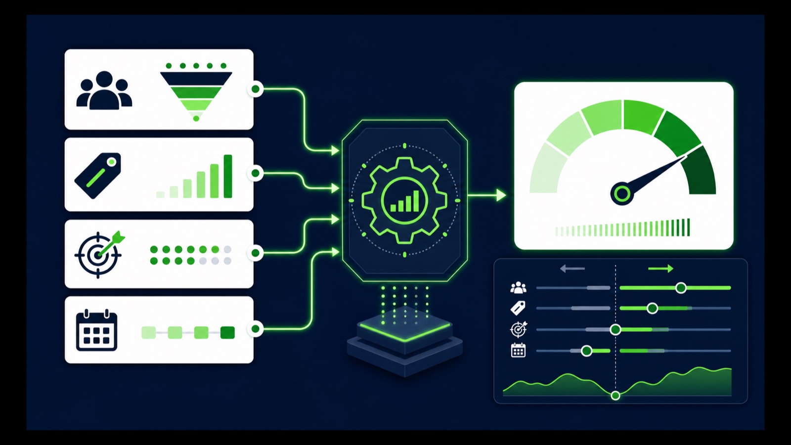 Opportunity volume, deal value, win rate, and cycle time feed a calculation engine and revenue-per-day gauge