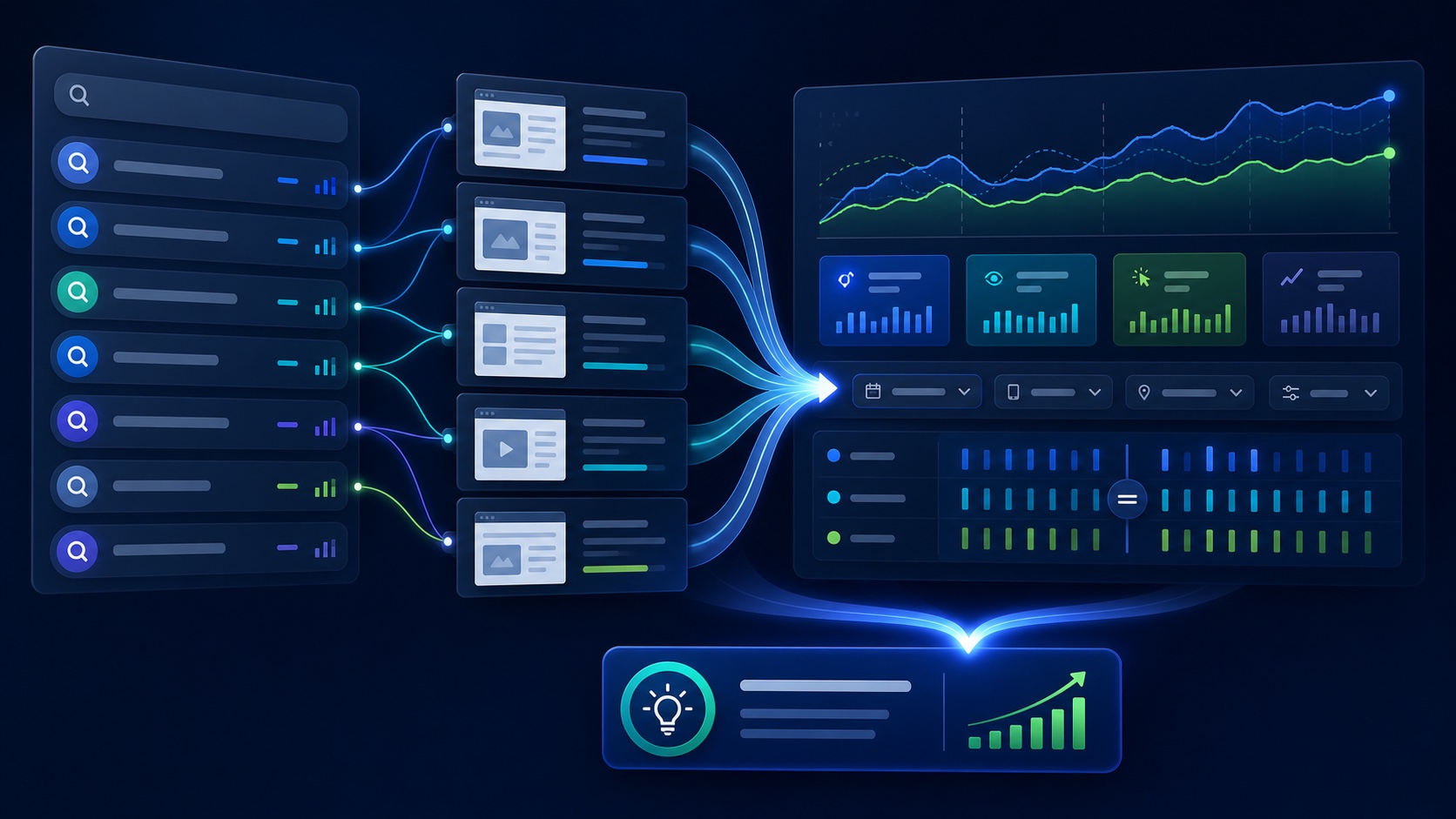 Search queries and page cards flowing through filters into organic performance charts and an action insight
