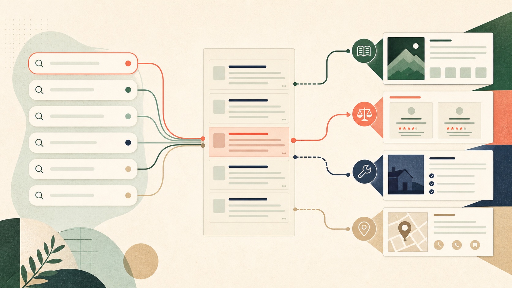 Search query cards branching into guide, comparison, service, and local page layouts