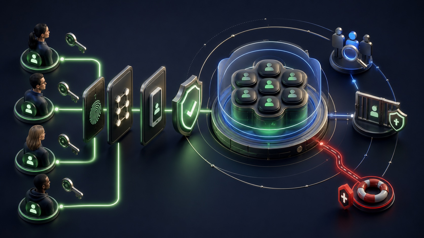 Team identities pass through individual keys, multifactor shields, least-privilege gates, and an emergency recovery path before reaching social accounts