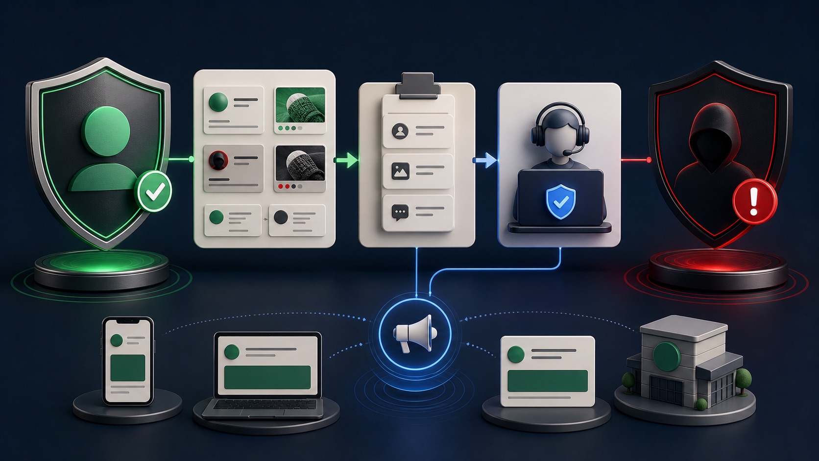 A protected legitimate brand account is contrasted with an impostor and connected to evidence, reporting, and customer-warning steps
