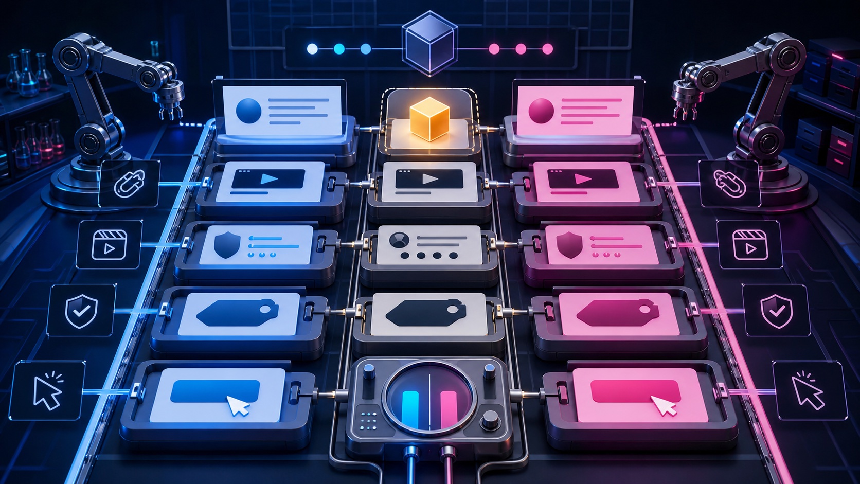 Two parallel social creative lanes with modular hooks, formats, proof, offers, and a central comparison instrument
