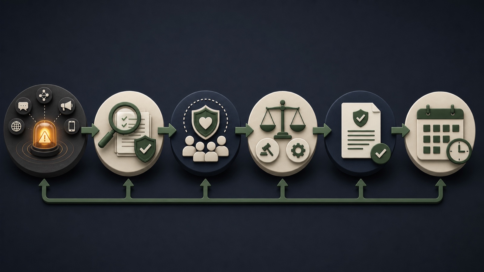 Verified facts move through legal, operations, and communications review into one concise public holding statement