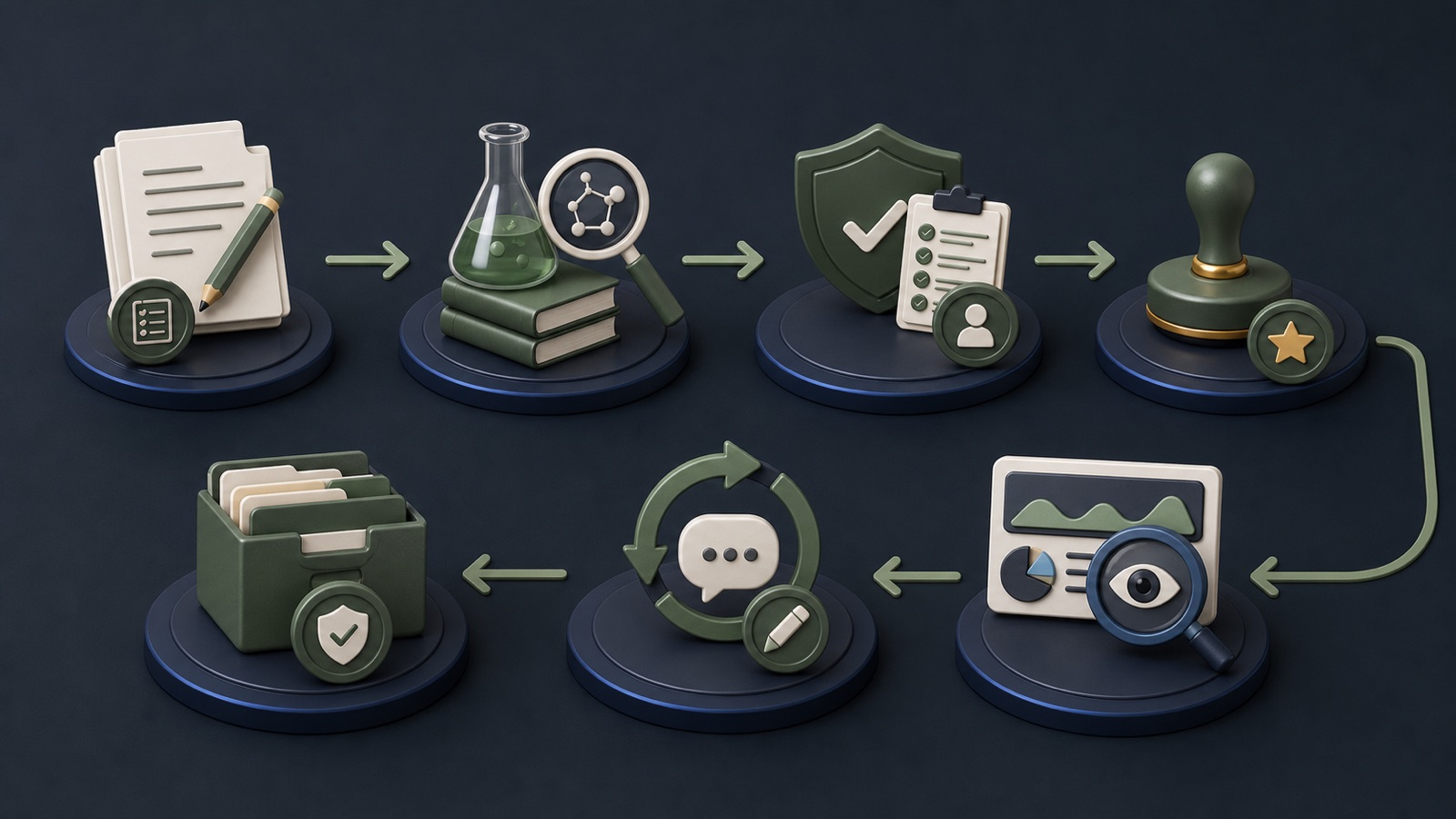 An influencer content workflow moves from brief to claim review, disclosure approval, monitoring, correction, and archive