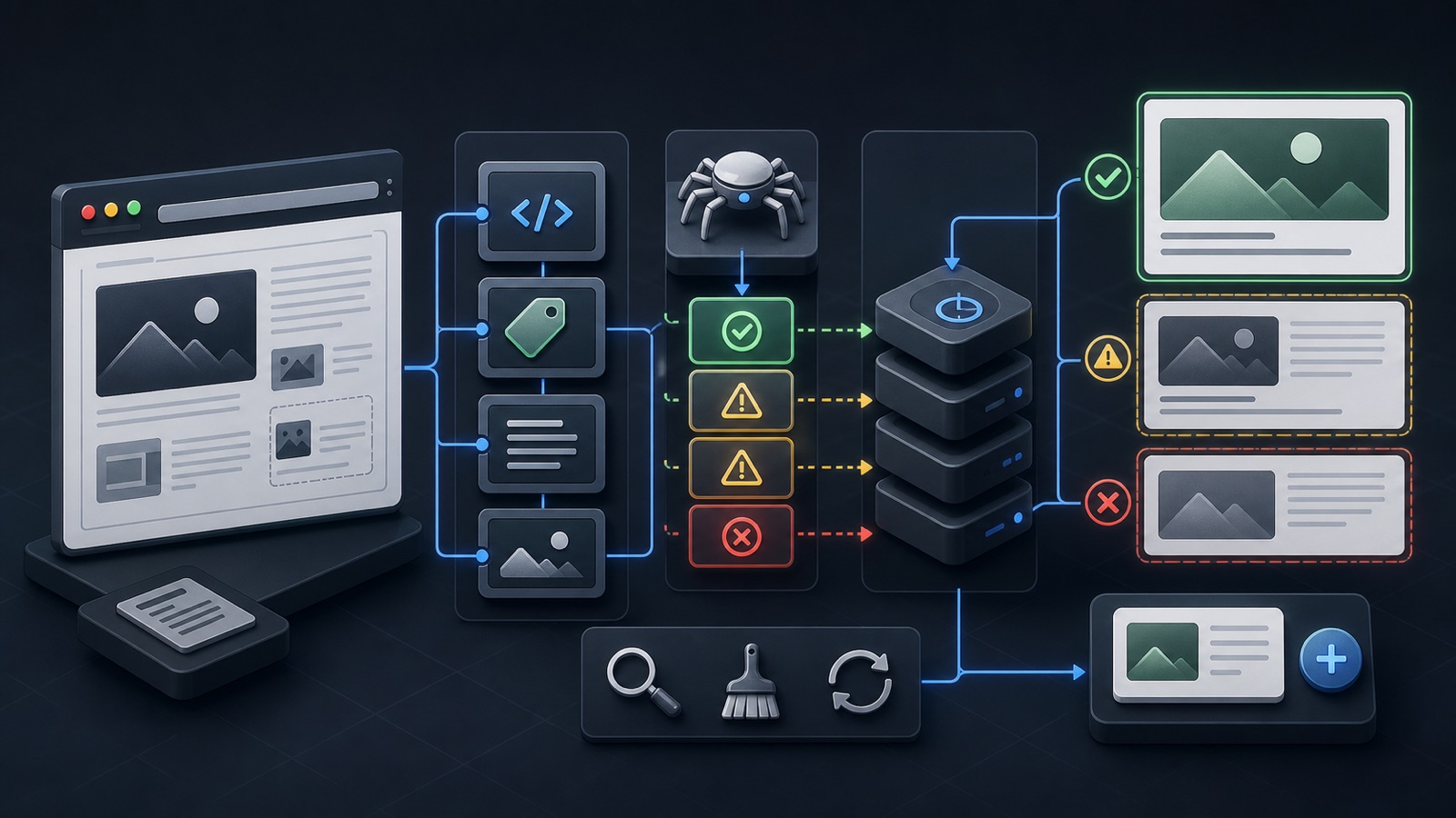 A web page moves through metadata, image, crawler, validation, and cache stages into consistent social cards
