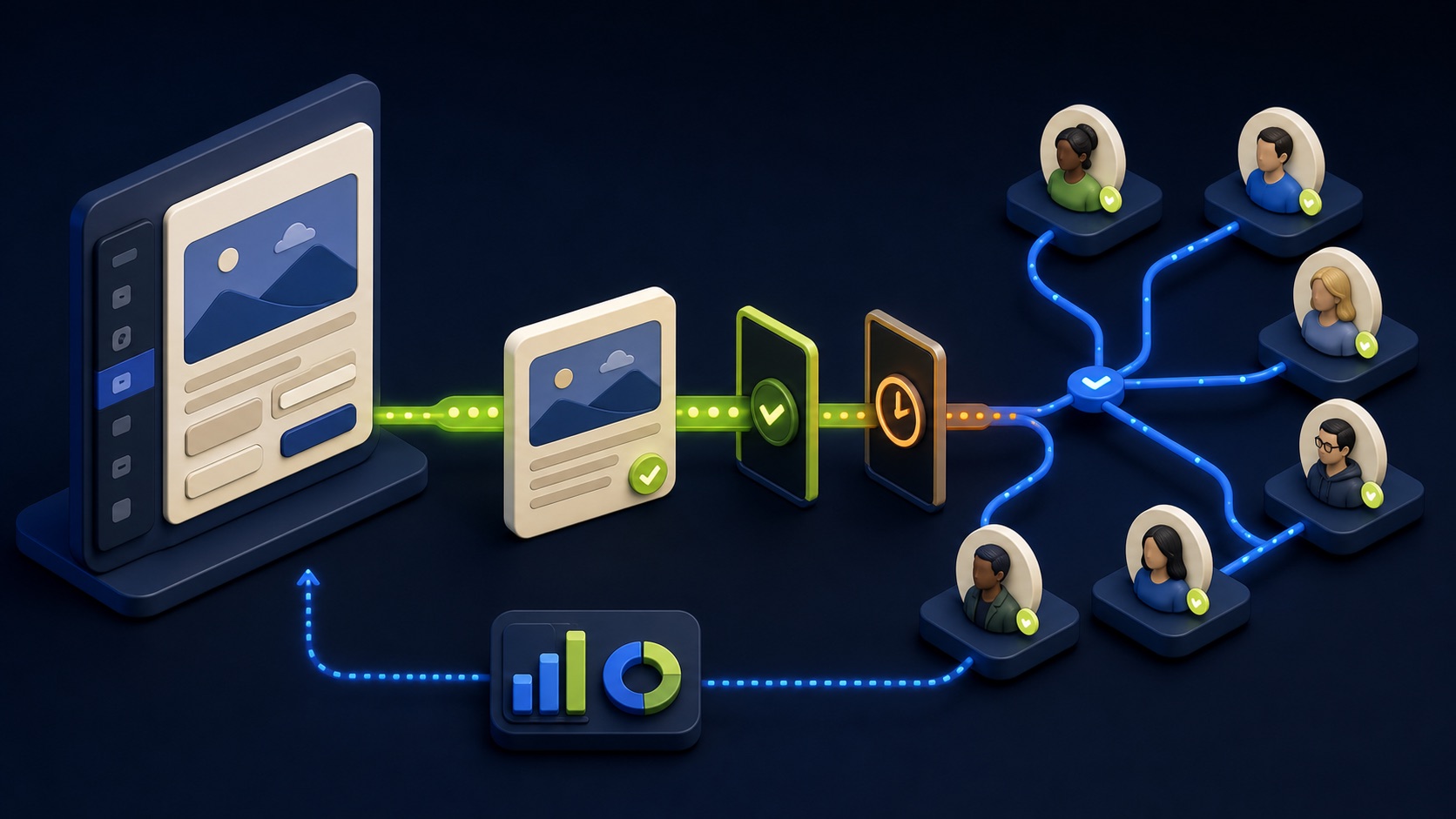 An approved company post passes through eligibility and timing gates to a voluntary employee network with an analytics loop
