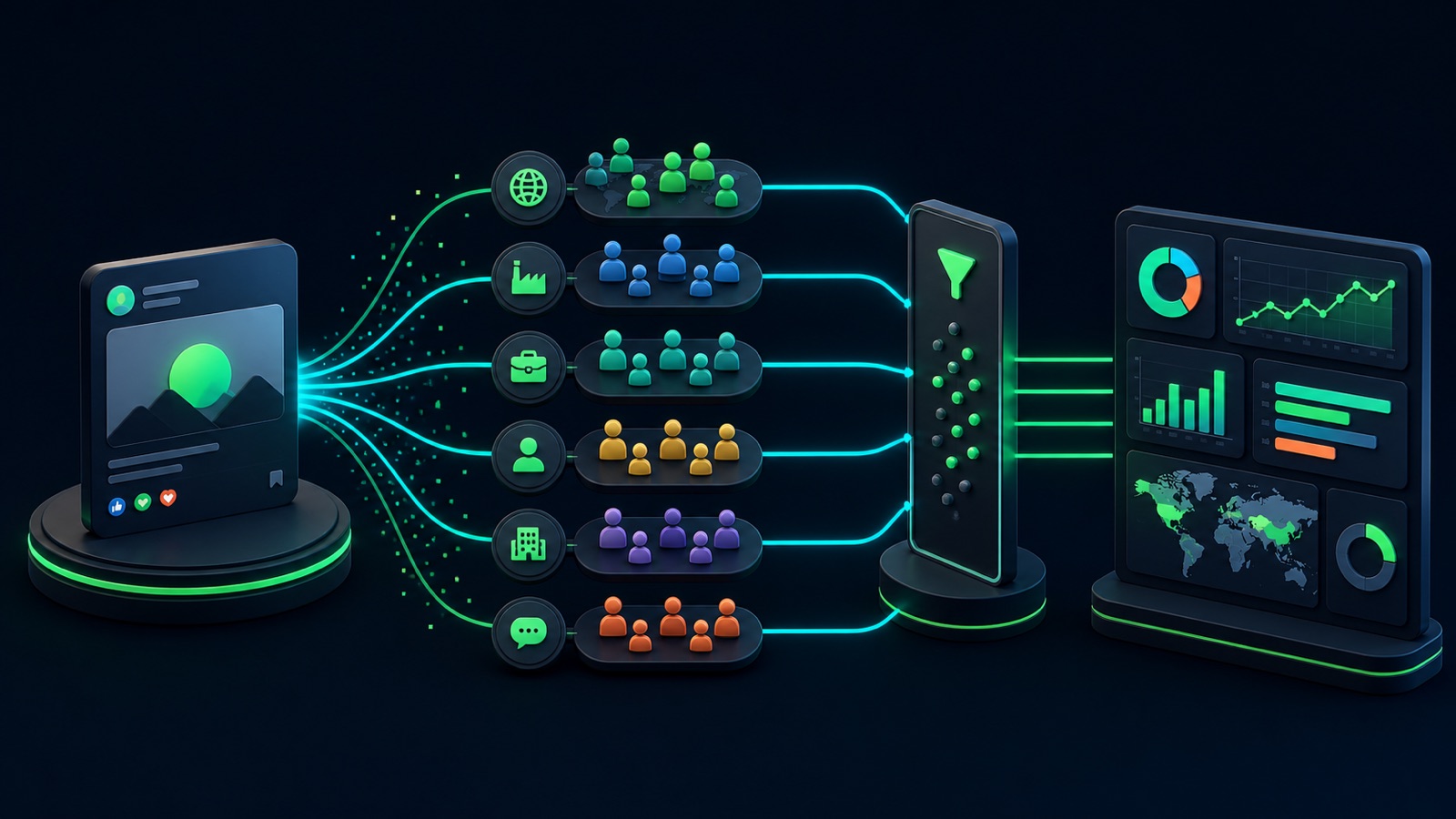 A professional Page post branches into follower groups by geography, industry, function, seniority, company size, and language before analytics