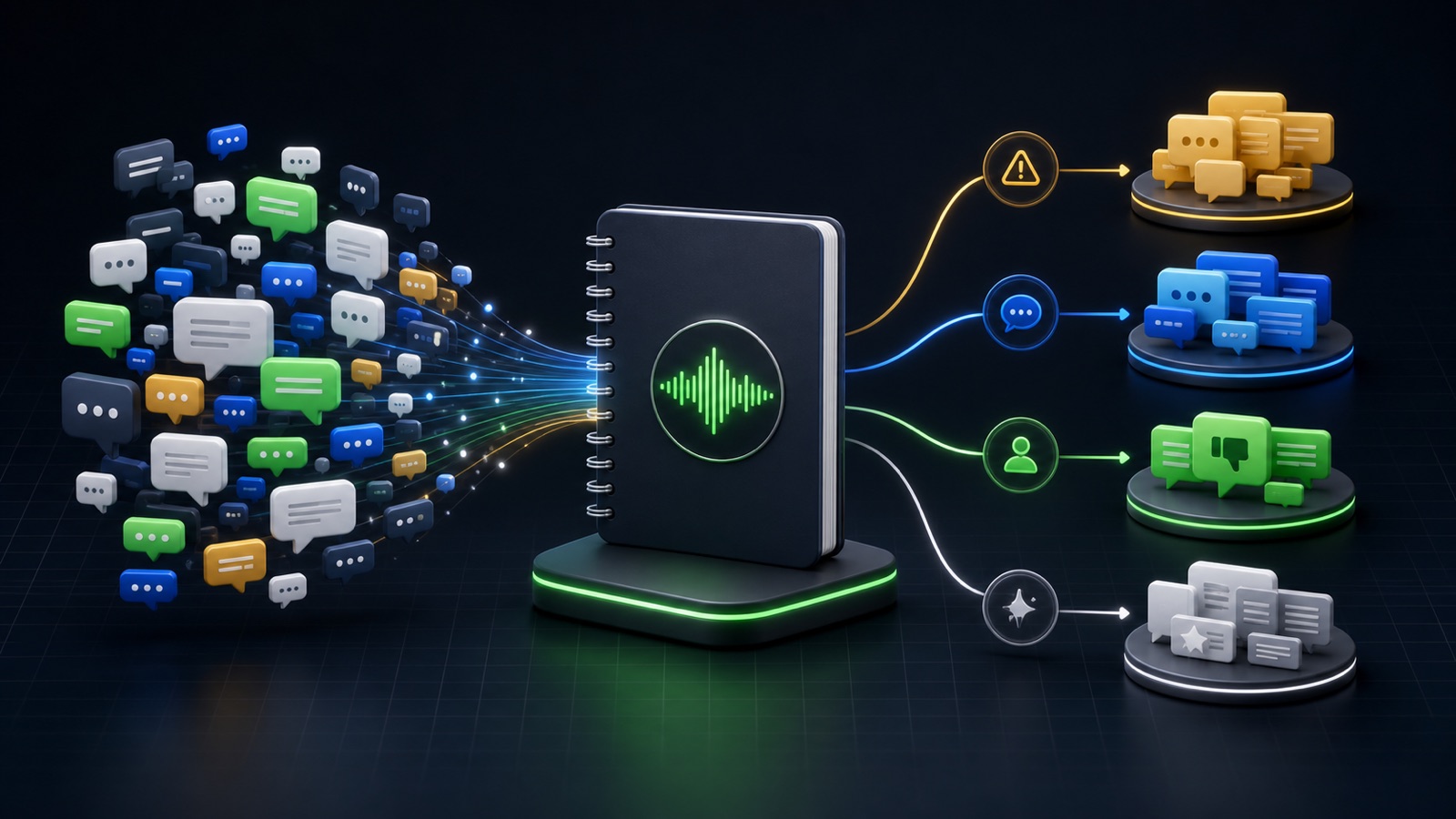 Many social conversation signals collected into a voice-of-customer notebook and sorted into four insight clusters
