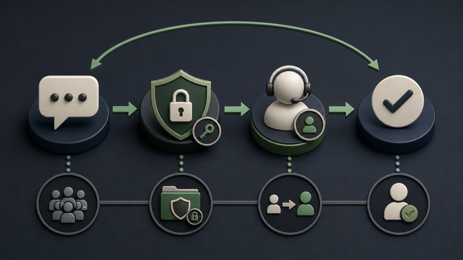 A public social comment moves through a privacy gate into an assigned private support case and final resolution