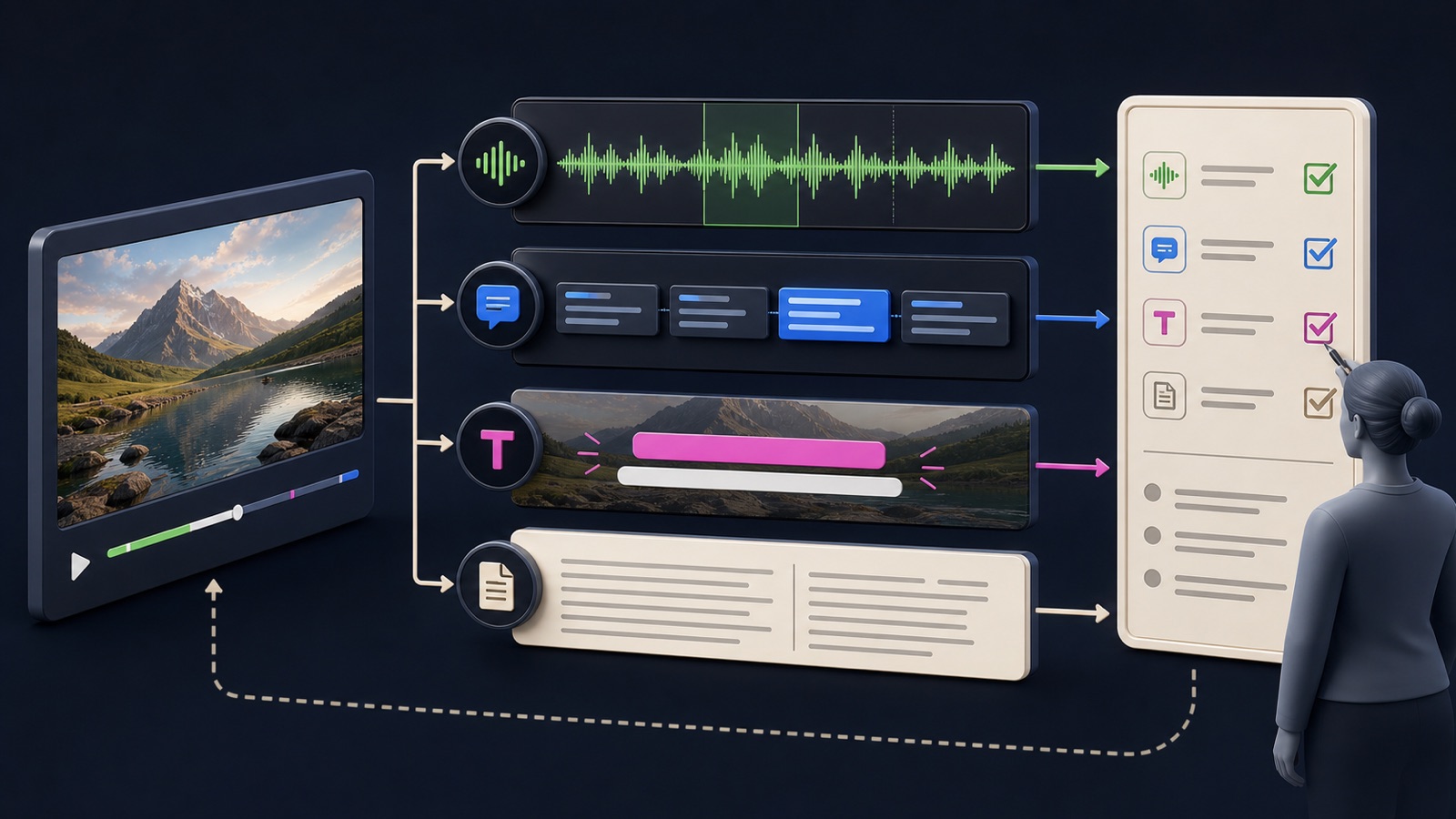 A short-form video moves through waveform transcription, human correction, timing, contrast, and publishing checks