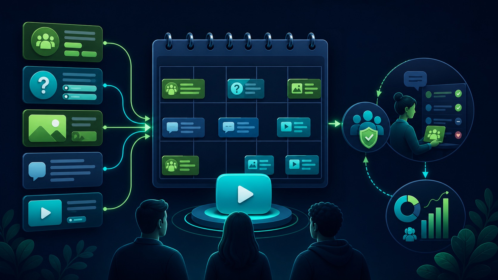 A channel calendar receives generic poll, quiz, image, text, and video cards before moderation and measurement checkpoints