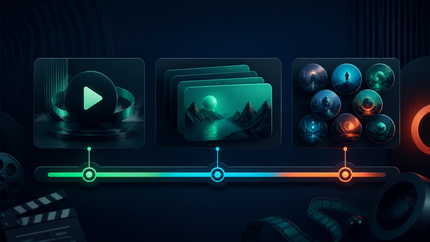 A video timeline contains timed cards leading to a related video, playlist, and channel