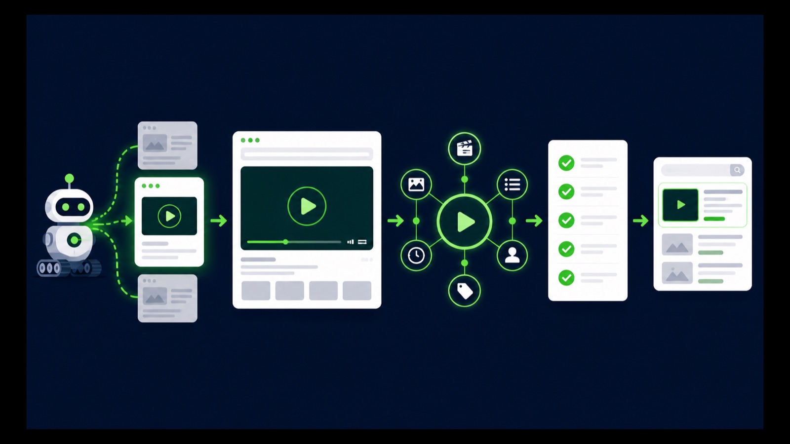 A crawler finds a dedicated video page, structured-data nodes, a stable thumbnail, a validation checklist, and a video result