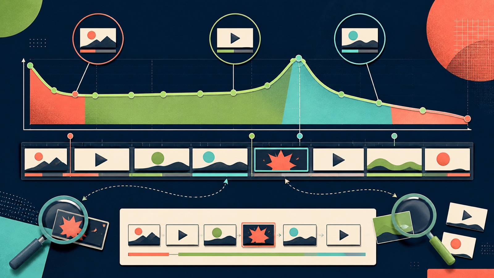 A video timeline displays an intro segment, top moment, spike, and dip with diagnostic markers